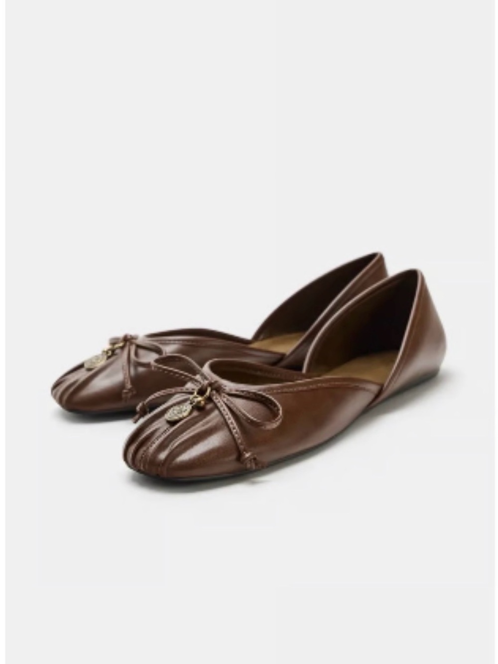 NWT Zara Women's Brown Leather Bow-Accent Ballet Flats